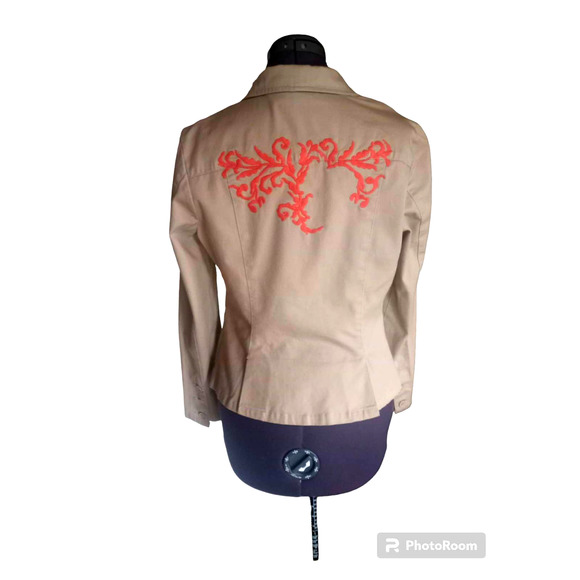 Metro Style tan woman's lightweight orange embroidered jacket, sz 4 - Picture 3 of 5
